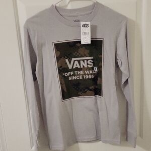 NWT Vans Gray Camo Logo Long Sleeve Boys Tee Size S But Fits Like an 10/12